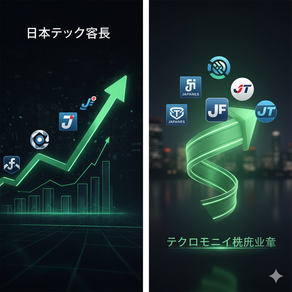 일본 반도체/AI 기업 로고와 상승하는 주가 그래프