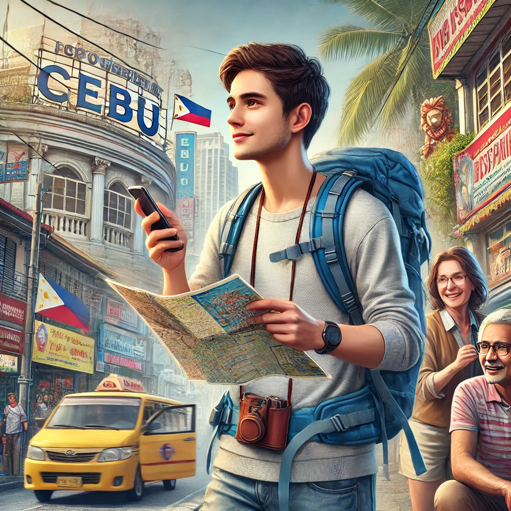 세부의 길거리와 관광 명소에서 조심스럽게 주변을 살피는 여행자 모습, 현지인과 친근하게 대화하는 장면