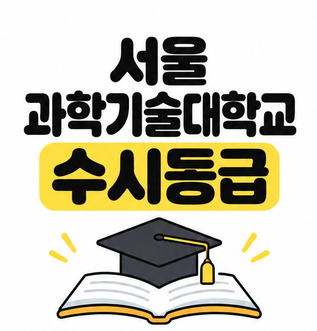 서울 과학기술대학교 수시등급 제목 아래 펼친 책과 학사모를 배치한 대표 이미지