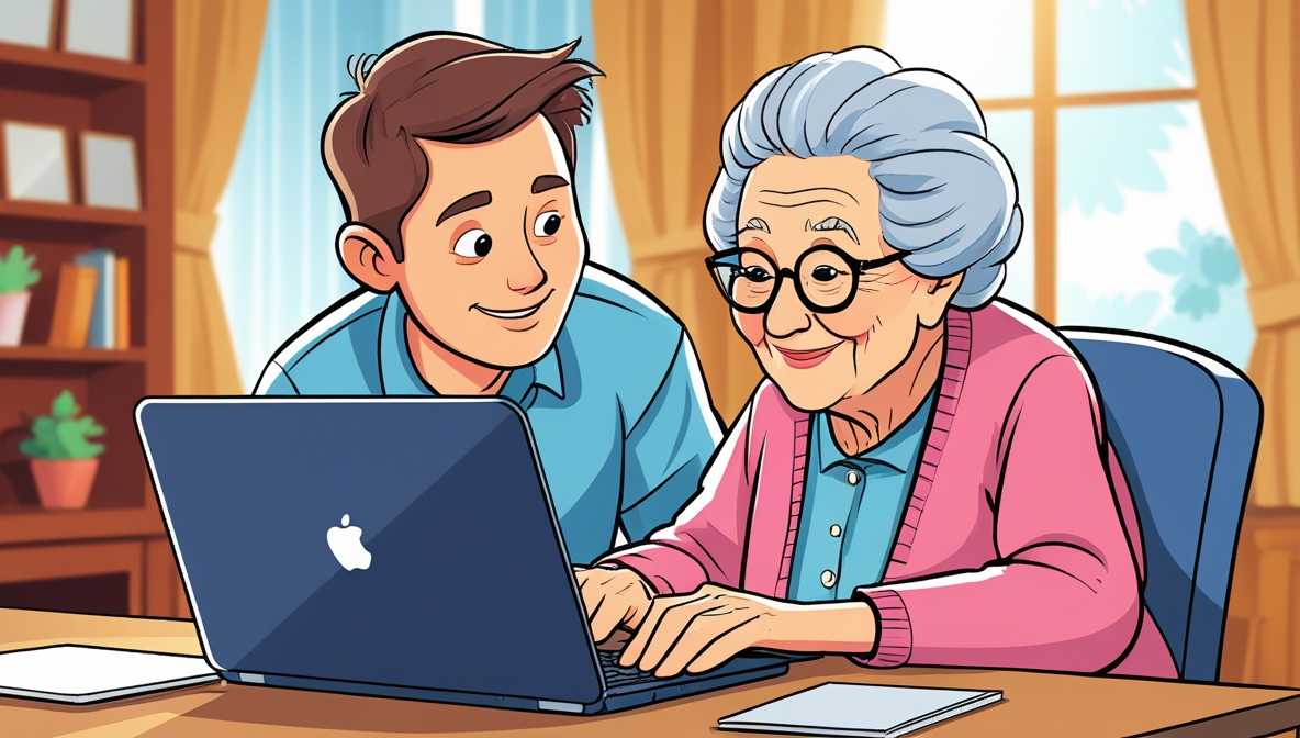 자녀와 노년의 부모님이 책상에 나란히 앉아, 함께 노트북 화면을 바라보며 에너지바우처를 신청하는 카툰 스타일 일러스트