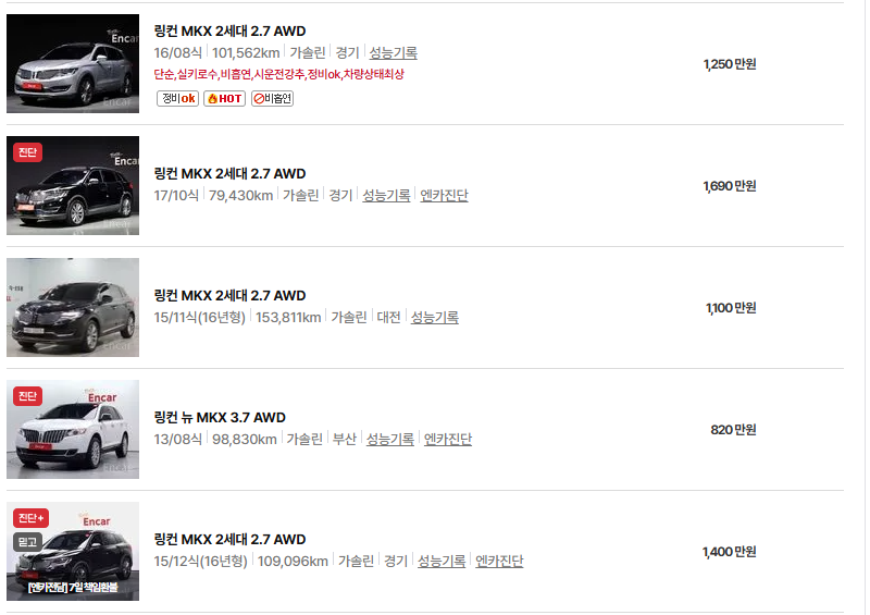 링컨 MKX 중고차 가격 시세표 연비