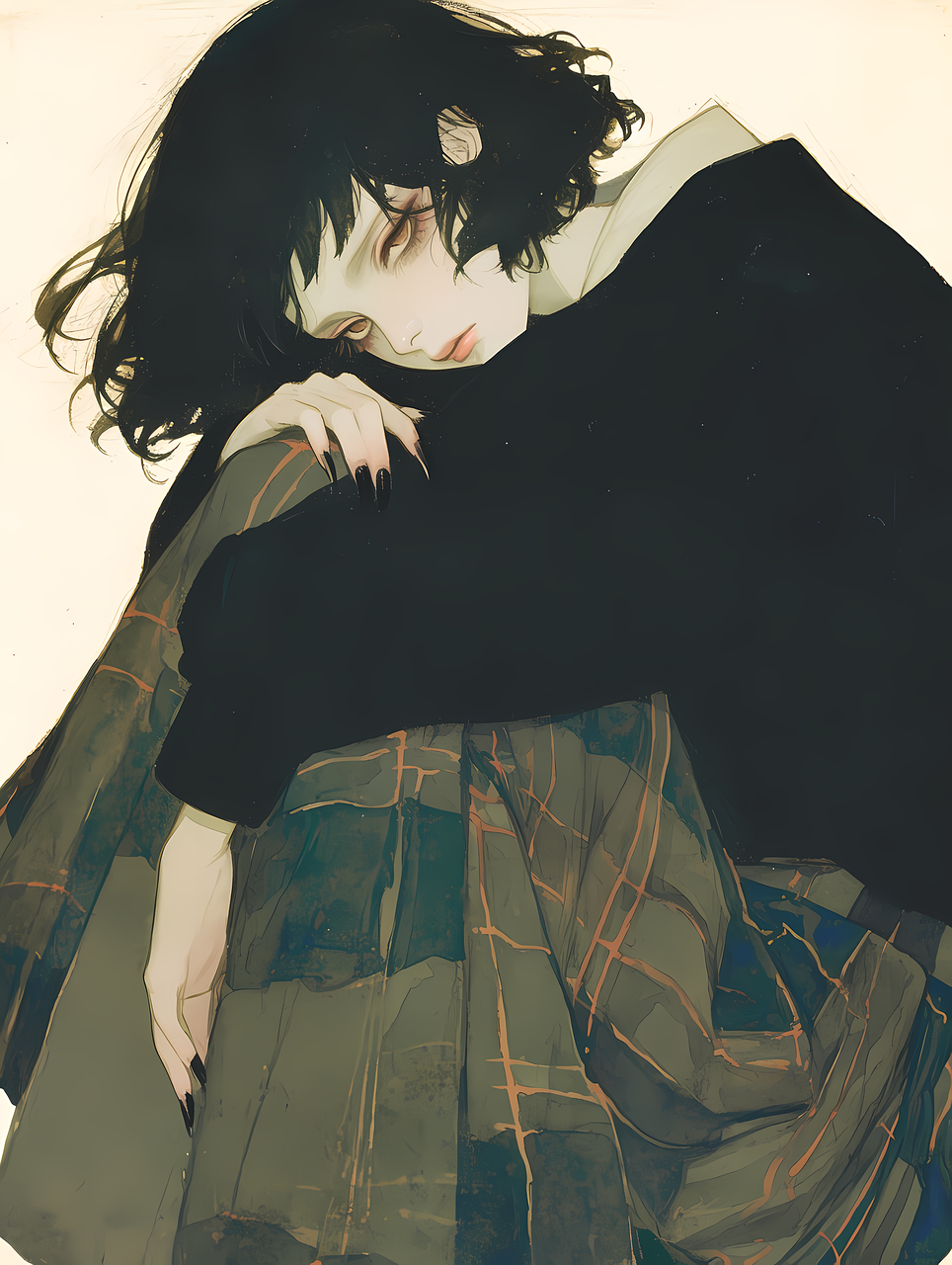 우울한 모습으로 앉아있는 여성 일러스트