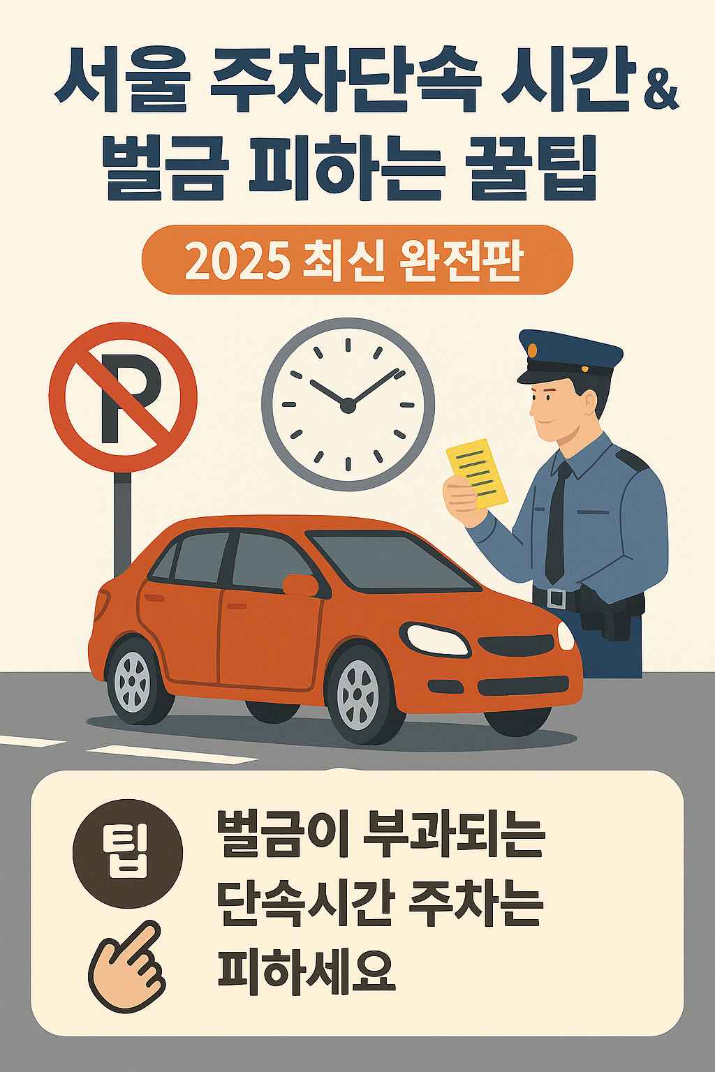 서울 주차단속 시간과 벌금 피하는 꿀팁 안내 포스터. 금지 주차 표지판 앞에 주차된 빨간 자동차와 주차 단속 중인 경찰관이 있으며, 시계와 벌금 경고 문구가 함께 표현되어 있음. '2025 최신 완전판' 안내 문구 포함.