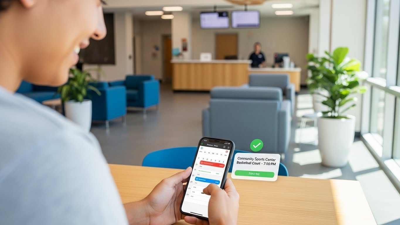 스마트폰으로 서초구 공공 시설을 편리하게 예약하는 여성의 모습. 화면에는 예약 확인 메시지가 보인다.