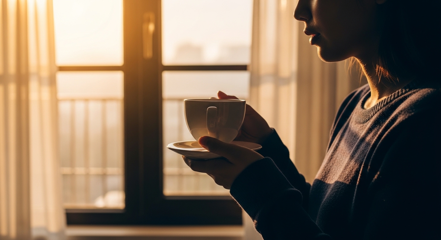 창가에서 차를 마시며 아침 햇살을 즐기는 모습으로, 건강한 일상 루틴의 중요성을 보여주는 이미지.