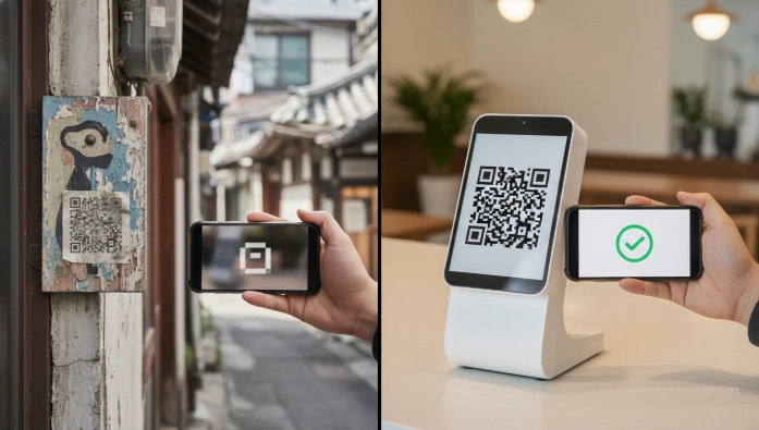 흐릿하고 손상된 QR 코드 인식 실패와 선명한 QR 코드 인식 성공을 비교하는 이미지.