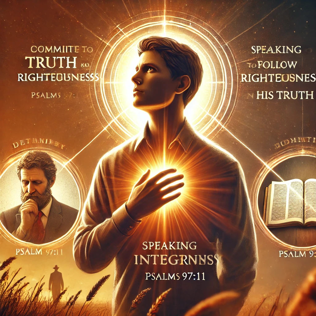 시편 97:11 말씀을 따라, 주님의 진리 안에 서서 정직한 말을 하고자 결심하는 모습이 담긴 이미지가 있습니다. 이 장면은 진리 가운데 서서 정직한 삶을 살아가기로 결심하는 것이 얼마나 중요한지를 강조합니다. 🙏✨📖