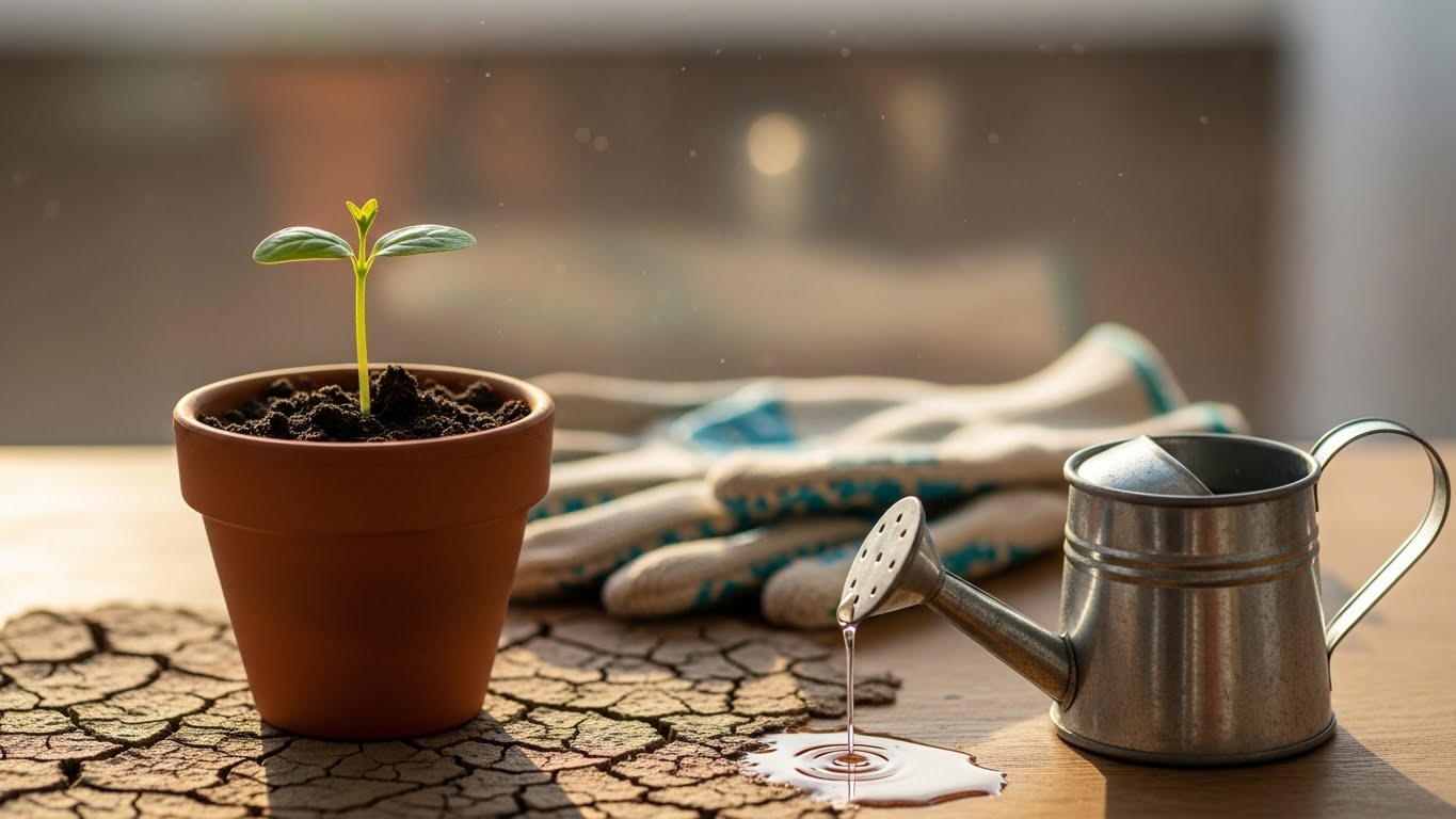 실내 공간에 놓인 화분 식물과 사용되지 않은 물뿌리개와 비료가 함께 보이는 모습. 실내 식물 관리에서 과도한 습관을 줄이는 것이 중요함을 설명하는 대표 이미지.