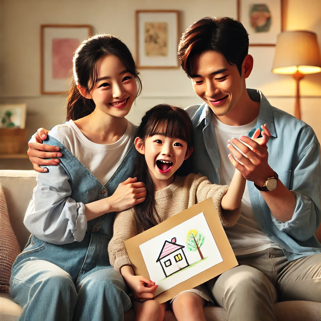 거실에서 큰 지도와 함께 평생 배움의 여정을 탐구하는 모습, 지도를 가리키며 나라와 문화를 이야기하는 아버지와 미소 지으며 경청하는 어머니, 돋보기를 들고 자세히 들여다보는 아들, 따뜻한 조명과 교육적인 인테리어로 꾸며진 공간.