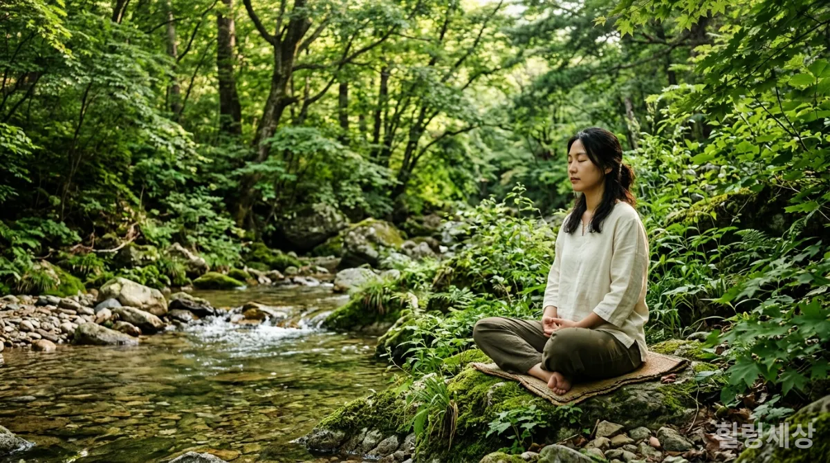 한국의 울창한 숲 속에서 평화롭게 앉아있는 사람의 모습