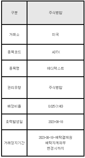 미국주식 주식병합안내 ADTX 애디텍스트
