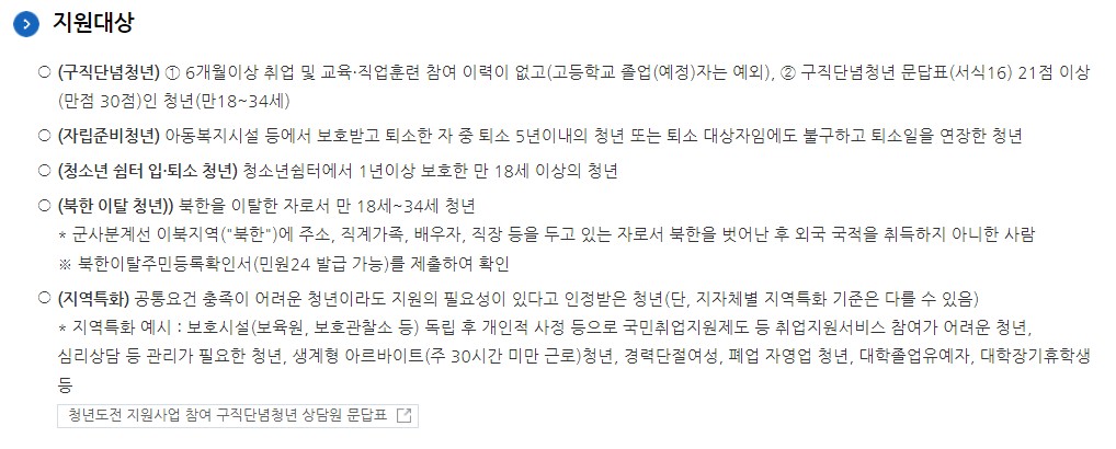 청년도전지원사업 유형별 신청조건