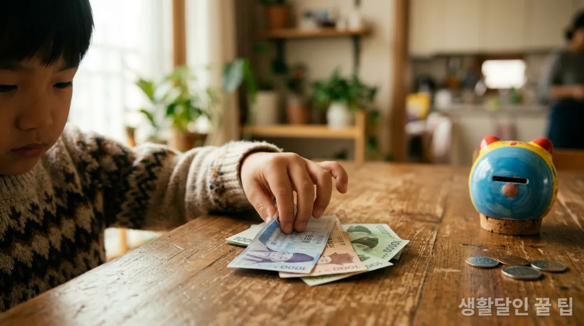 현금 용돈을 세고 있는 한국 어린이의 손