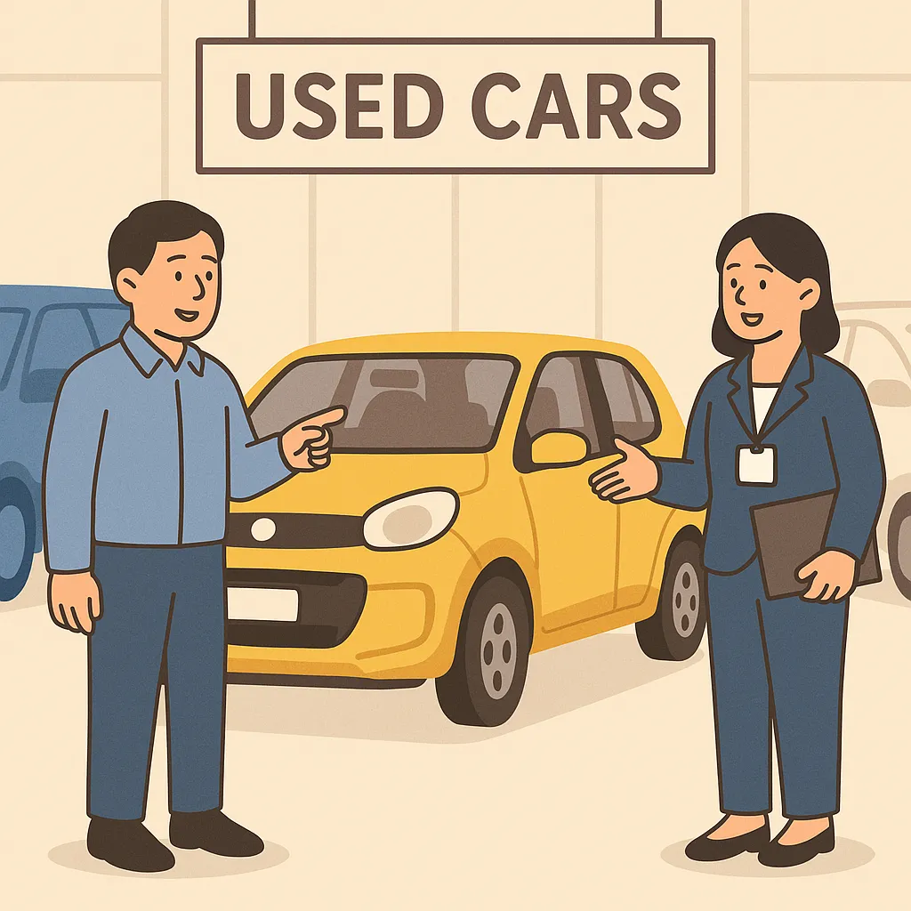 중고차 매장에서 경차를 살펴보는 고객과 직원 모습
