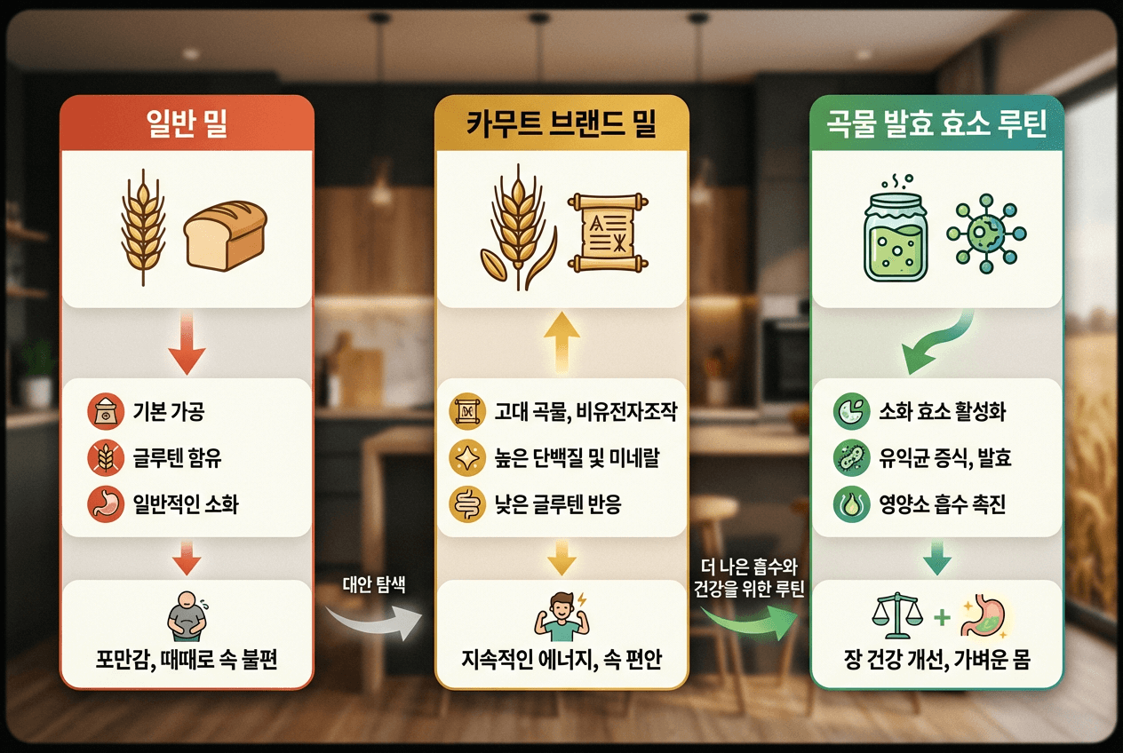 일반 밀, 카무트 브랜드밀, 곡물 발효 효소 루틴을 세로로 비교한 인포그래픽으로, 각 곡물의 특징과 소화 효소 활성화·영양소 흡수 촉진 등 차이를 아이콘과 짧은 문장으로 정리해 탄수화물 많은 식단에서 소화 루틴의 개념을 한눈에 보여주는 이미지.
