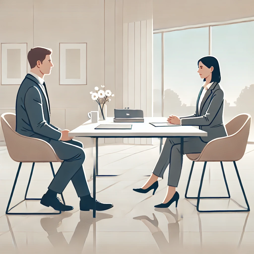 정장 차림의 남녀가 책상 너머로 마주 앉아 면접을 진행 중인 모습. 실제 면접 장면을 연상시키며, 면접 질문과 답변 준비를 상징함.