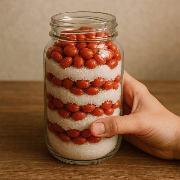 설탕과 보리수가 층층이 쌓여있는 유리병