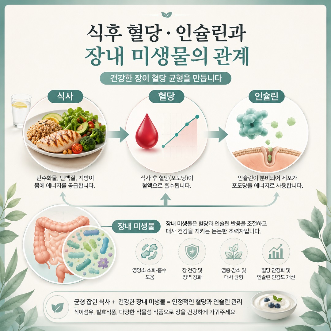 식사 후 혈당과 인슐린 반응, 장내 미생물의 관계를 나타낸 인포그래픽