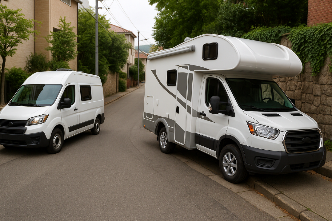 골목길에서 소형 캠핑카 주행 중, 중형은 주차에 어려움을 겪는 장면