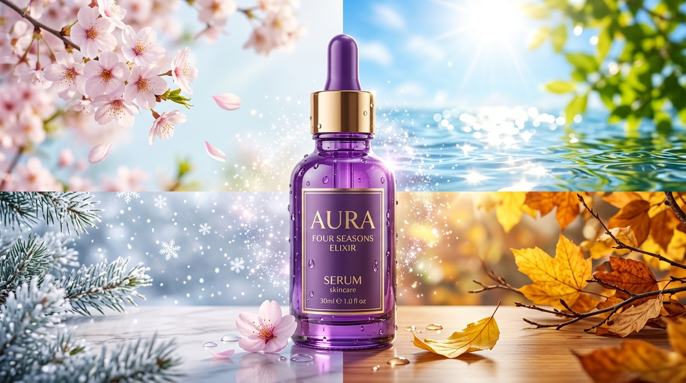 A luxurious skincare setting representing four seasons. In the center, an elegant purple glass bottle with serum. The background is creatively split into four quarters: spring cherry blossoms, brilliant summer sunlight reflections, golden autumn dry leaves, and delicate winter snowflakes. Pure water droplets and elegant glowing light effects around the bottle, professional product photography, 8k resolution, photorealistic