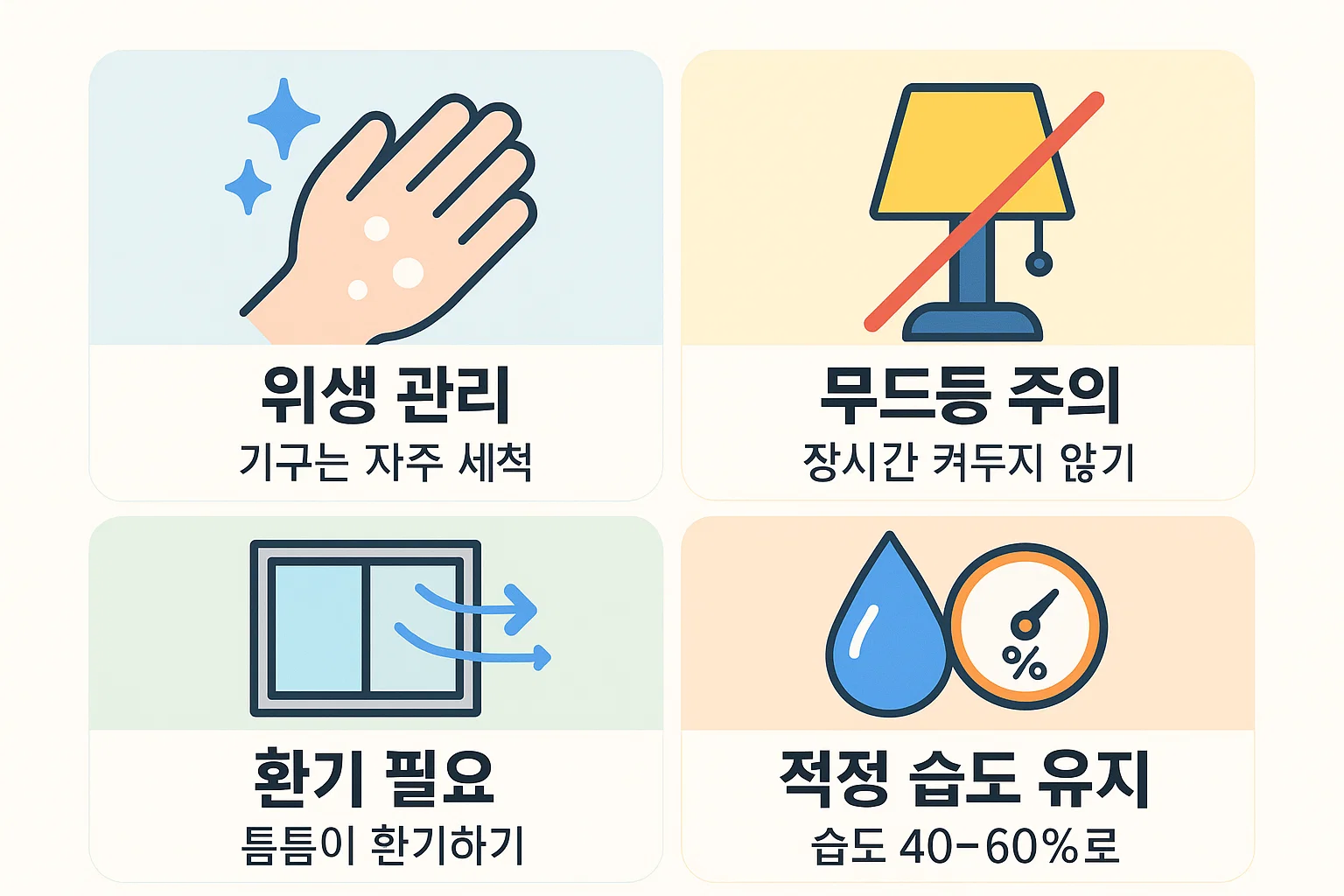 다이소 가습기 사용 시 위생 관리, 환기, 무드등 사용 시 주의점, 적정 습도 유지 등 필수 관리 포인트를 담은 인포그래픽입니다.
