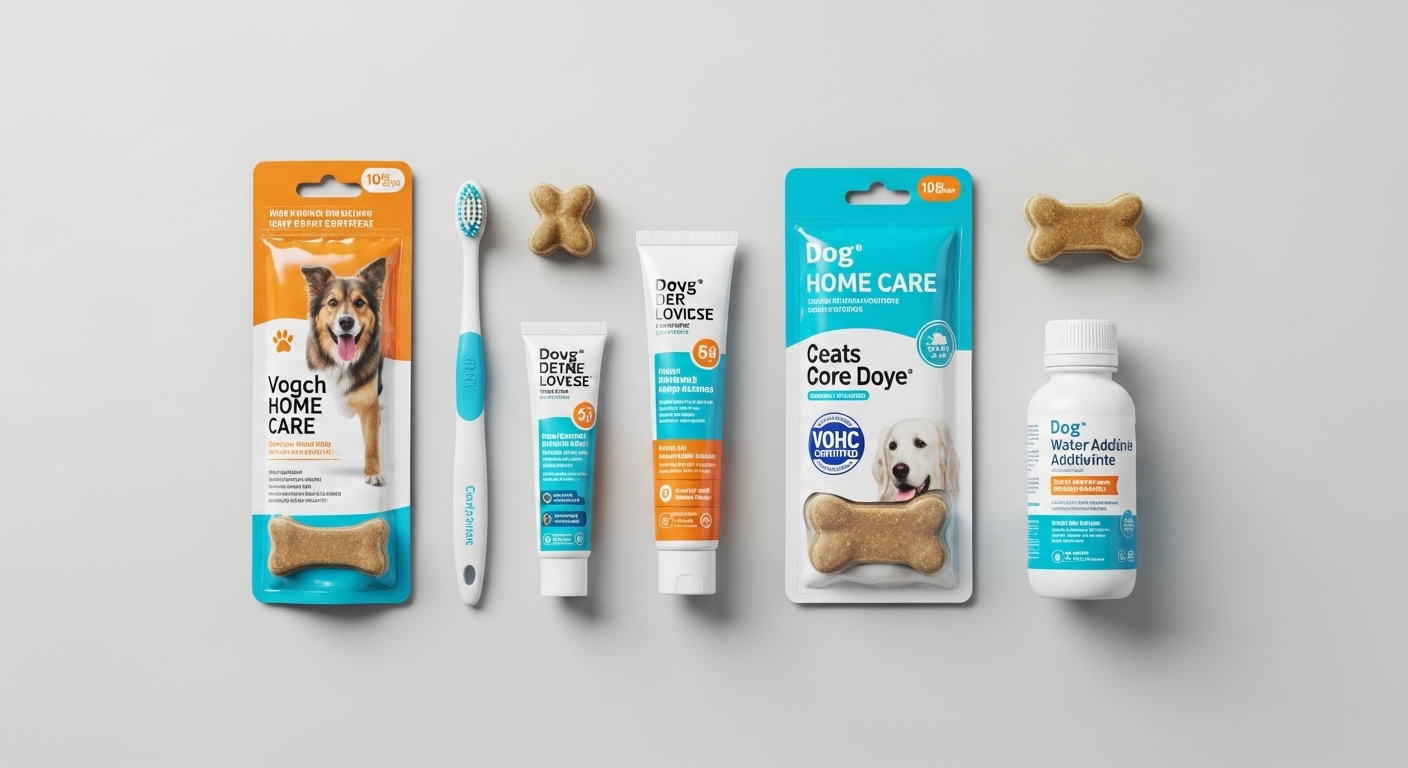 강아지 전용 칫솔, 치약, 덴탈껌 등 다양한 구강 홈케어 용품들