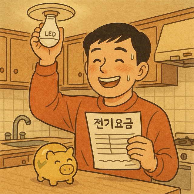 형광등을 LED 전구로 교체하며 고지서를 보고 환하게 웃는 남성