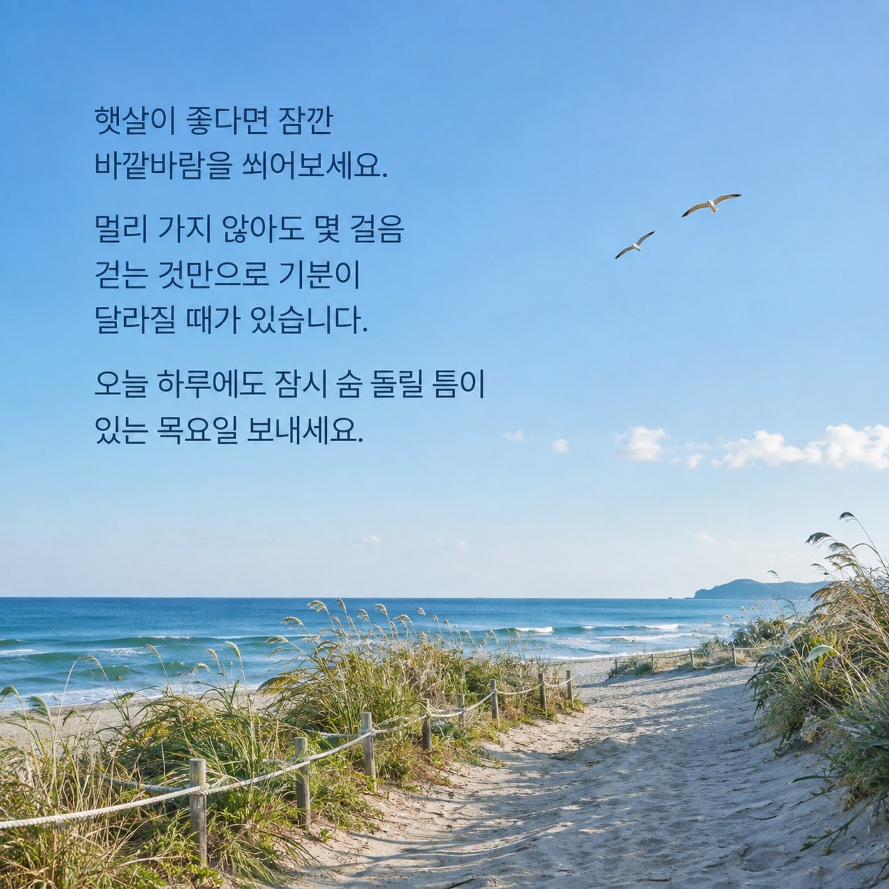 바깥바람을 쐬며 잠시 숨을 돌리라는 목요일 아침 인사 이미지