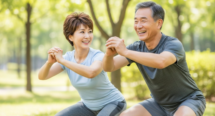 50대 부부가 함께 즐겁게 스쿼트를 하는 모습