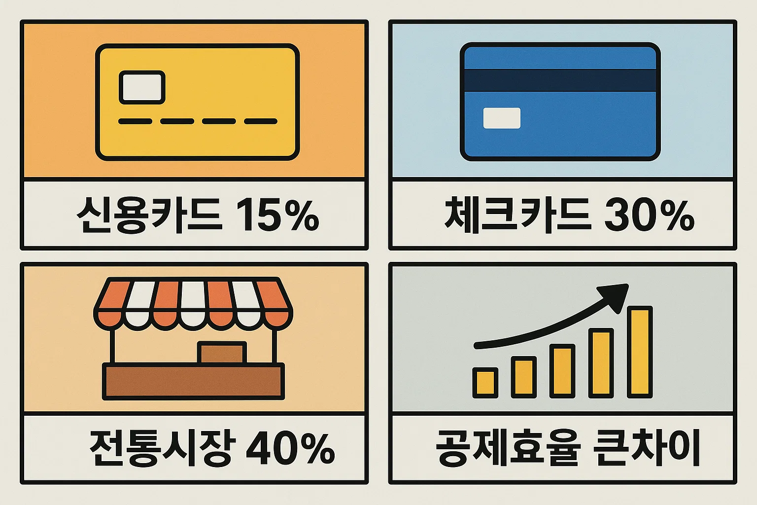신용카드 15%, 체크카드 30%, 전통시장 40% 등 결제수단별 공제율 차이와 공제 효율의 차이를 직관적으로 보여주는 2025년 기준 설명용 인포그래픽