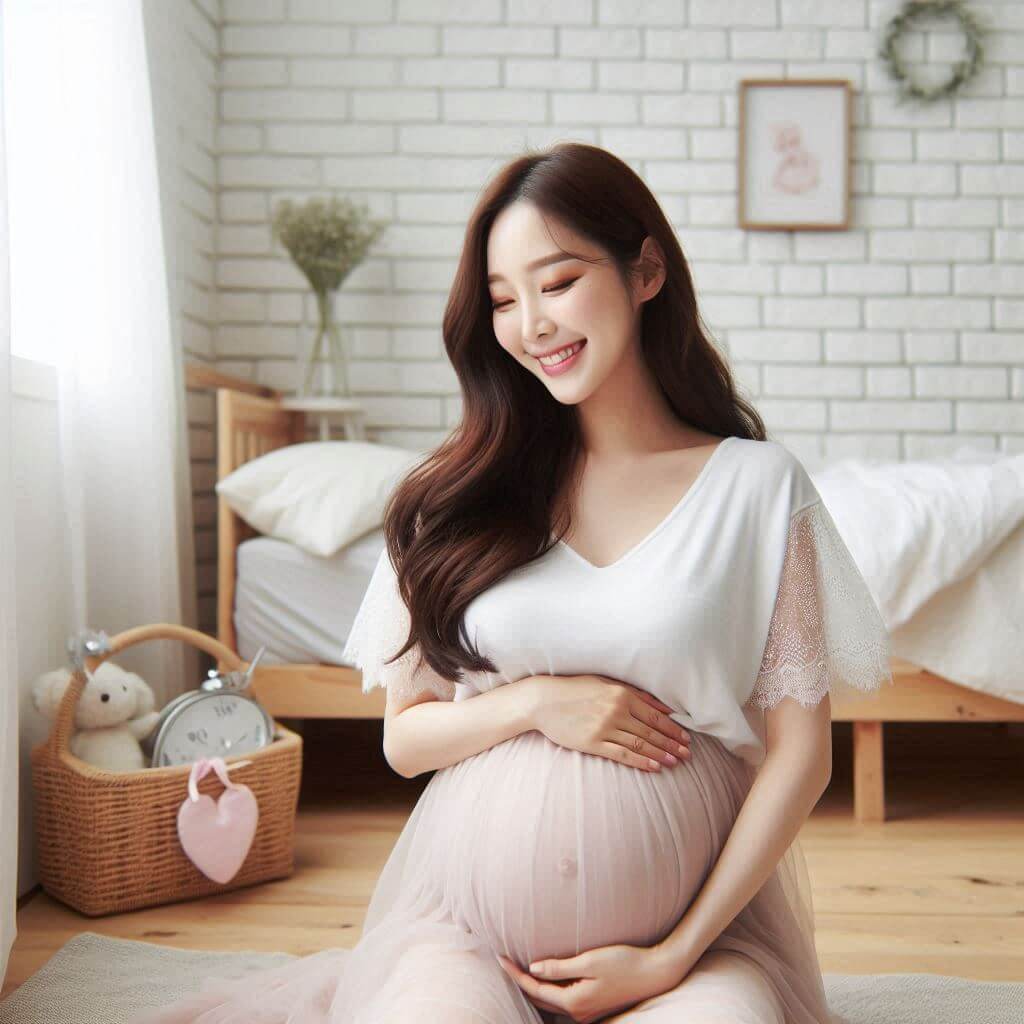 임신 사전건강검사를 준비하는 임산부 아이의 태동을 느끼며 행복해 하고 있다.