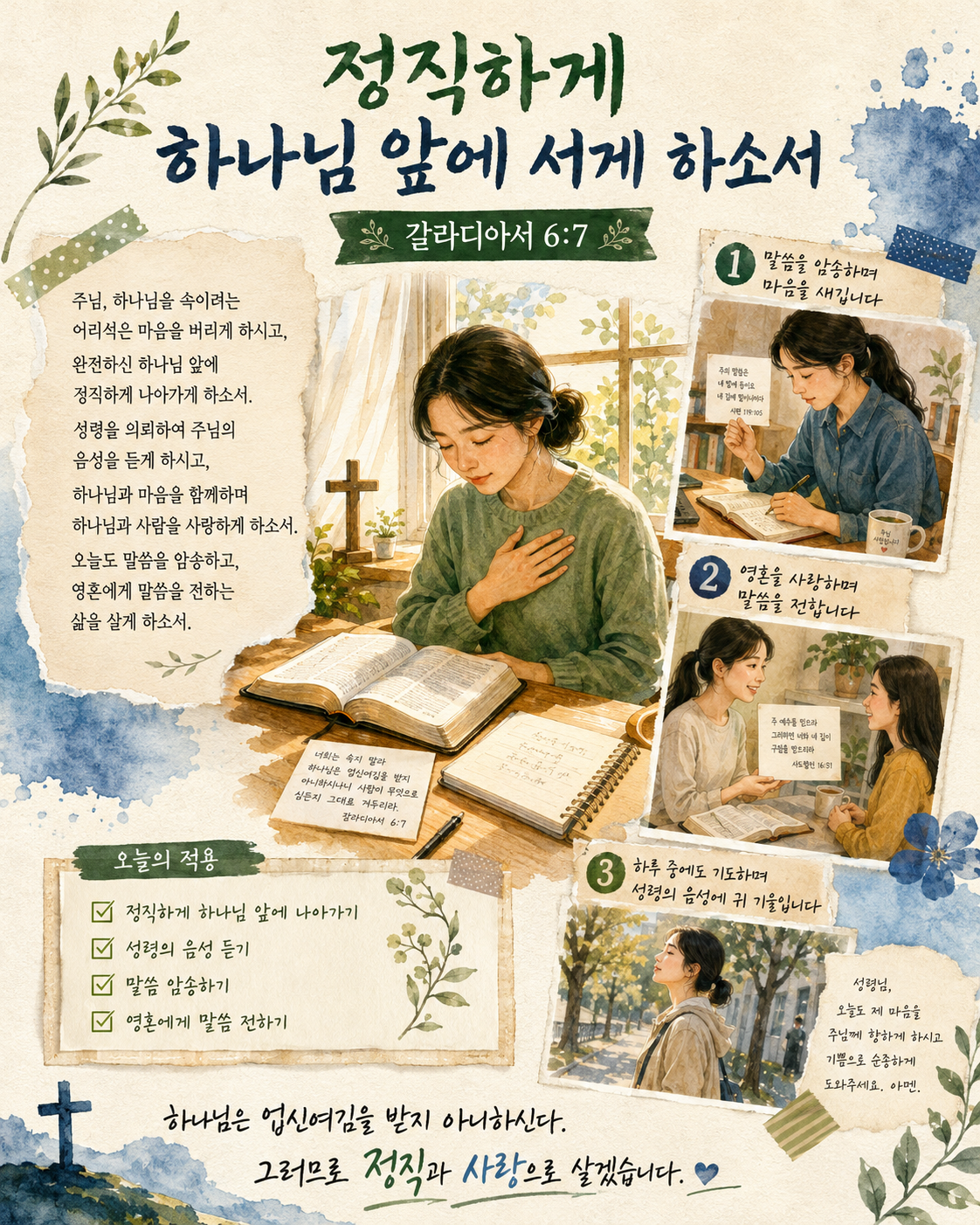 갈 6:7 말씀에서 제가 하나님을 속이려는 어리석은 행동을 하지 않아야 할 것이 새롭게 생각되었고, 완전하신 하나님 앞에 정직하게 나아가며 하나님의 음성을 들을 수 있는 자가 되기 위해 성령을 의뢰하며 하나님과 마음을 함께하고 하나님과 사람을 사랑하려는 시도로 말씀을 암송하고 영혼에게 말씀을 전하는 시도를 하는 모습입니다.