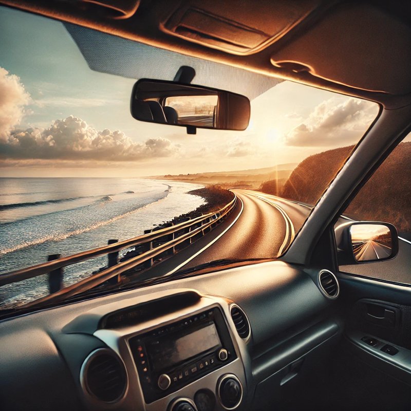 A scenic coastal road view from inside a moving car, 해안도로 운전 중 풍경