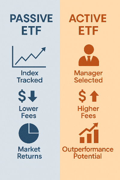 Business diagram comparing passive and active ETF investing styles