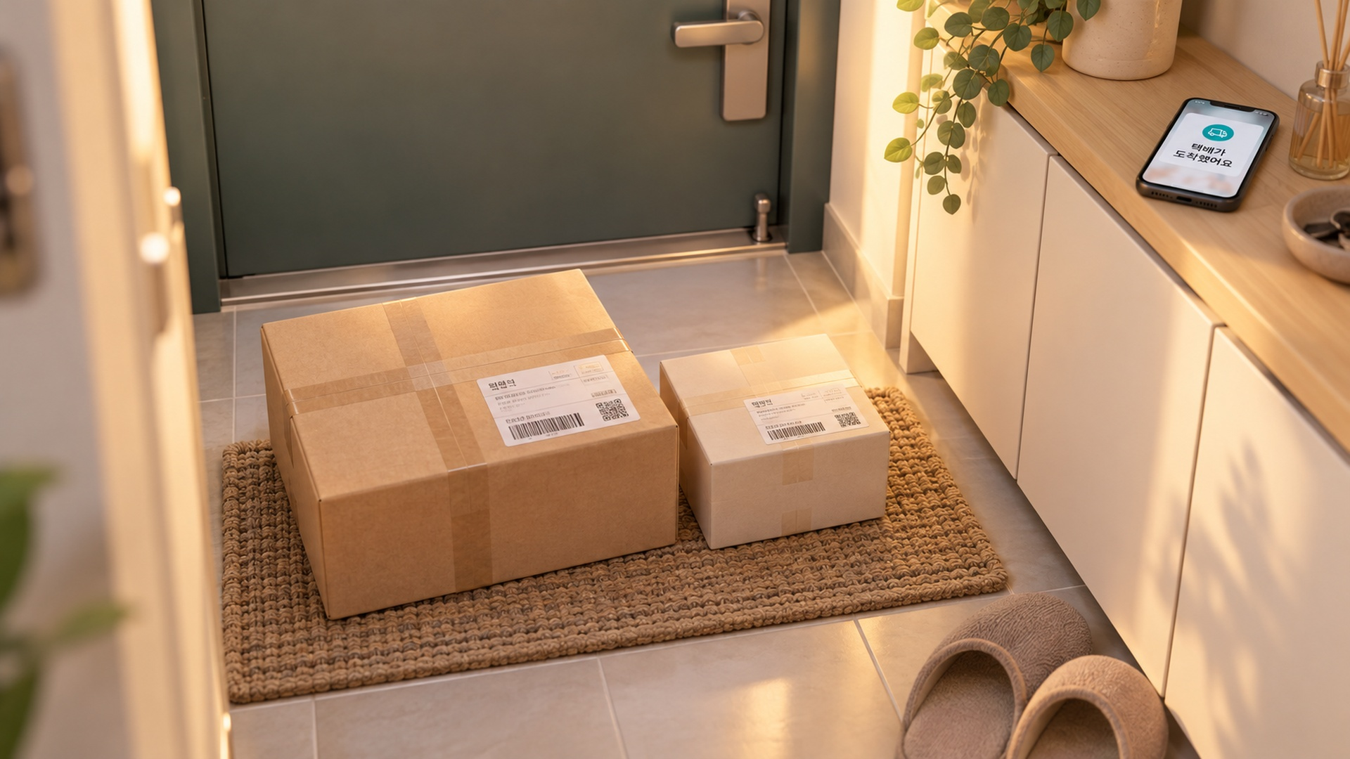 현관 앞에 따로 도착한 두 개의 직구 상자