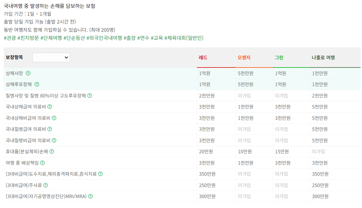 국내여행자보험 보장내용