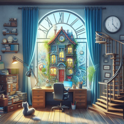 커다란 시계와 고양이, 아늑한 서재 속의 창문 풍경