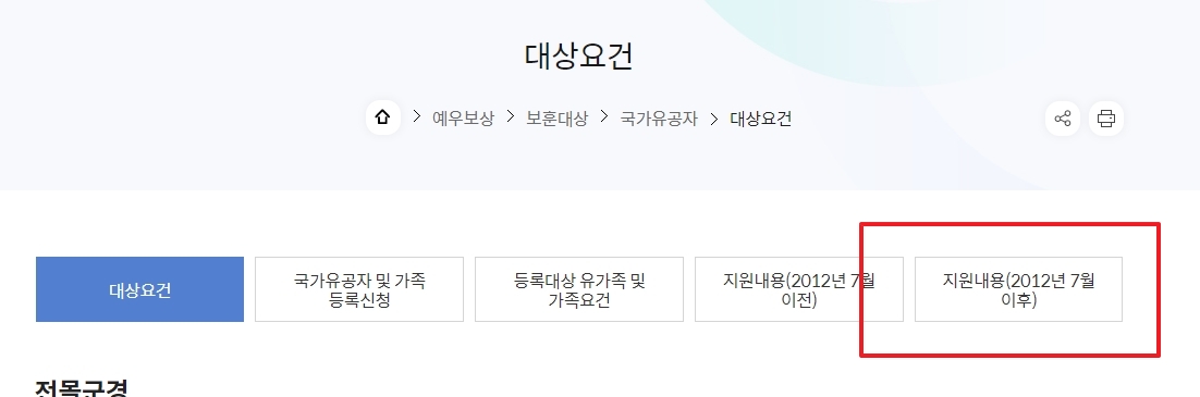국가유공자 지원내용 확인 탭