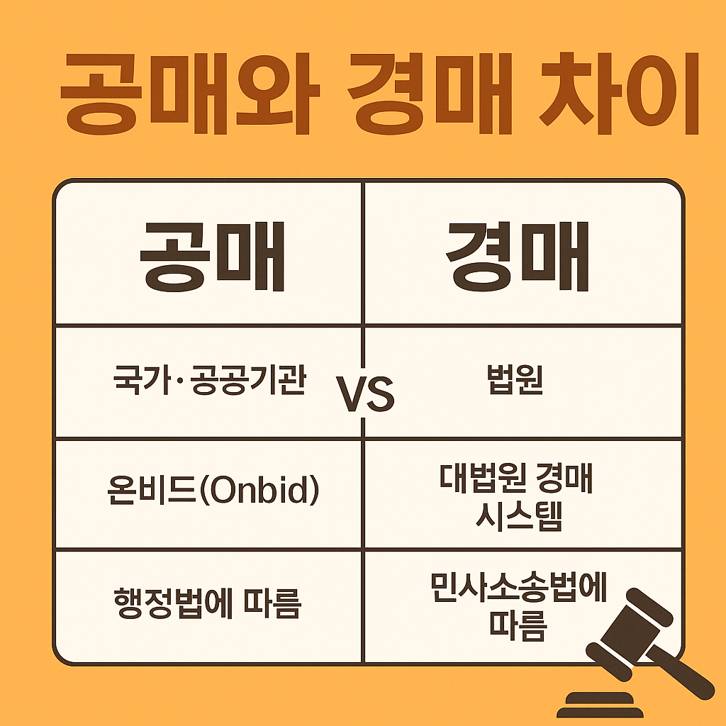공매와 경매의 차이를 비교한 블로그 썸네일. 주체, 시스템, 법적 절차 차이를 표 형식으로 보여주며, 오른쪽 아래에는 경매 망치 아이콘이 배치된 이미지.