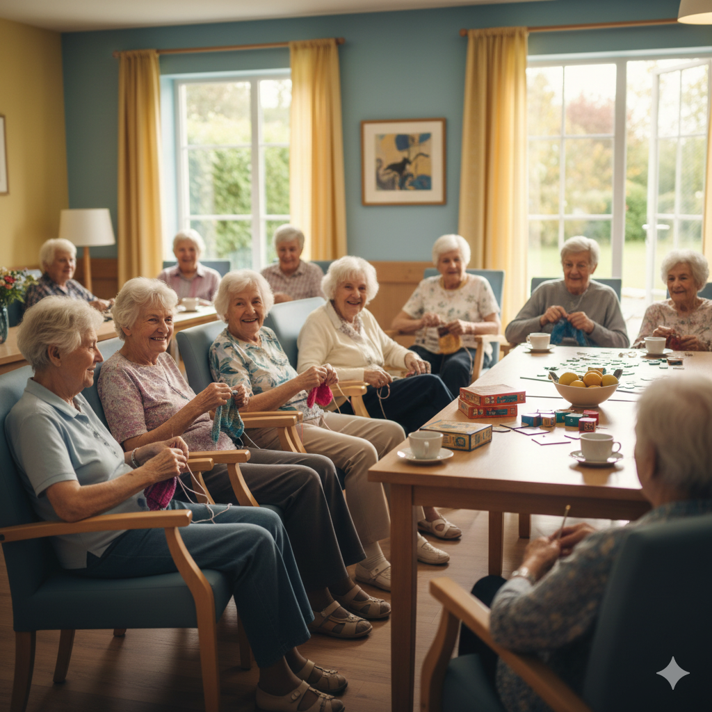 할머니, 할아버지들이 요양원에 모여서 웃고 있는 모습