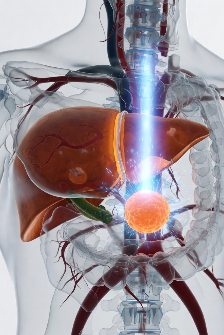 투명하게 표현된 인체 내부의 간과 장기 사이로 푸른색 중입자 빔이 투과하여 암세포 부위에서만 강력한 오렌지색 에너지를 방출하며 정밀하게 타격하는 브래그 피크 원리 시각화 이미지.