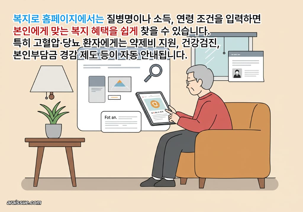 복지로 홈페이지에서는 질병명이나 소득, 연령 조건을 입력하면 본인에게 맞는 복지 혜택을 쉽게 찾을 수 있습니다.