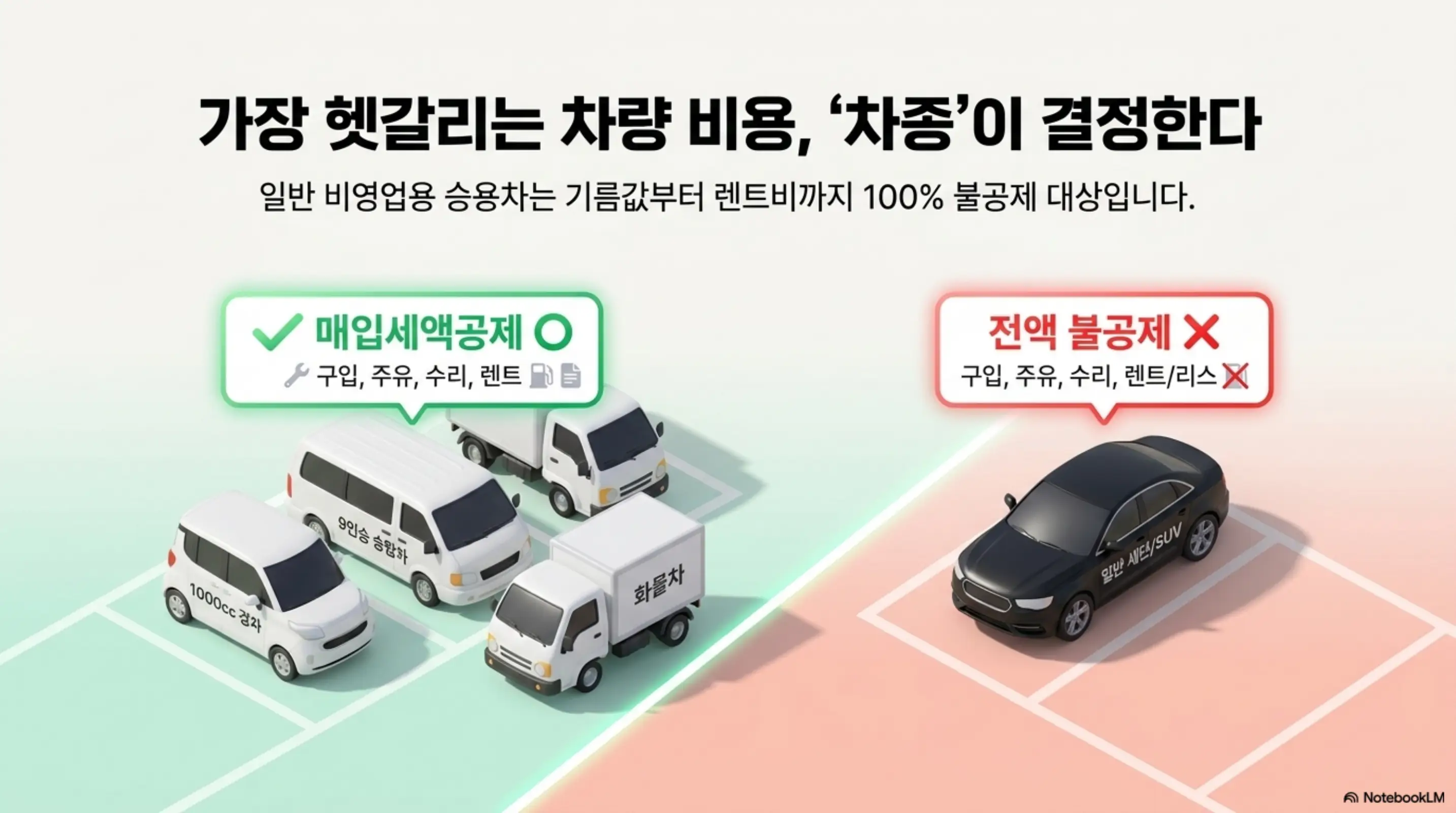 매입세액공제: 가장 헷갈리는 차량 비용 차종이 결정한다라는 문구가 포함된 이미지. 경차와 9인승 승합차와 화물차는 매입세액공제 가능으로 일반 세단과 에스유브이는 전액 불공제로 구분하여 부가세 공제가능 차량의 판단 기준을 시각적으로 전달하며 블로그의 차량 관련 불공제 안내를 설명함