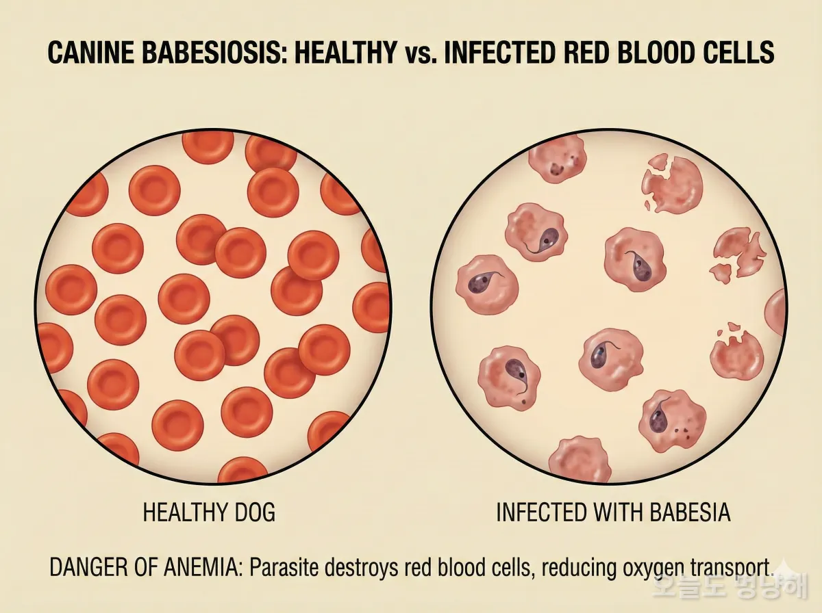 건강한 적혈구와 바베시아에 감염되어 파괴되는 적혈구 비교 일러스트