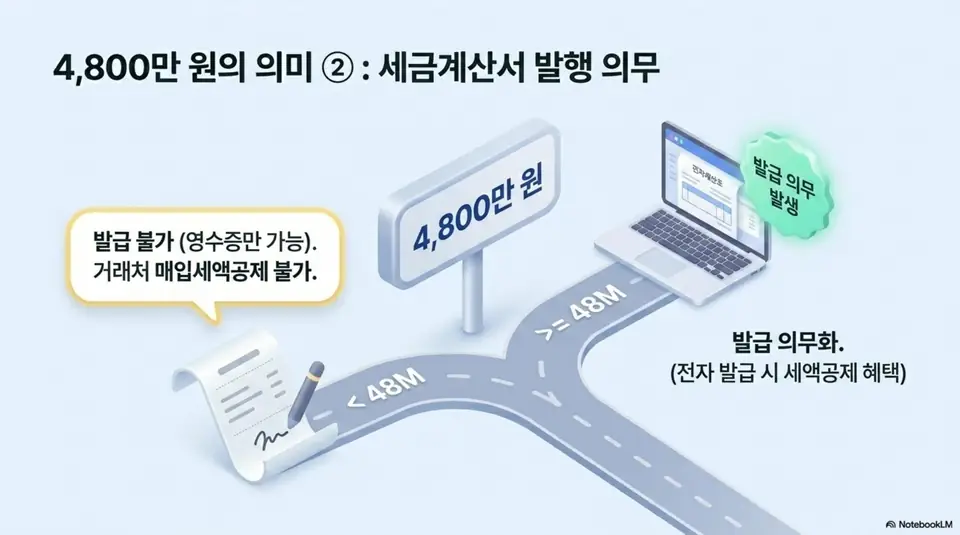 간이과세자 부가가치세: 간이과세자 4800만 원 기준의 두 번째 의미인 세금계산서 발행 의무를 설명하는 인포그래픽 이미지. 4800만 원 미만이면 영수증만 교부 가능하고 거래처 매입세액공제가 불가하며 4800만 원 이상이면 세금계산서 발급 의무가 발생하고 전자 발급 시 세액공제 혜택이 있다는 내용을 도로 분기점 형태로 시각화함 