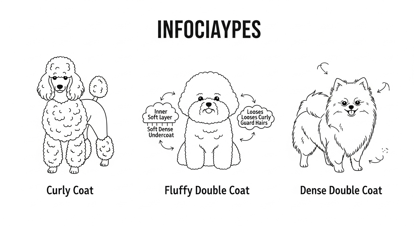 푸들, 비숑 프리제, 포메라니안의 곱슬모, 솜털 이중모, 풍성한 이중모 등 다양한 강아지 털 타입을 보여주는 일러스트