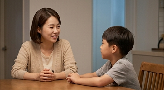 엄마와 아이가 마주 앉아 이야기하는 모습