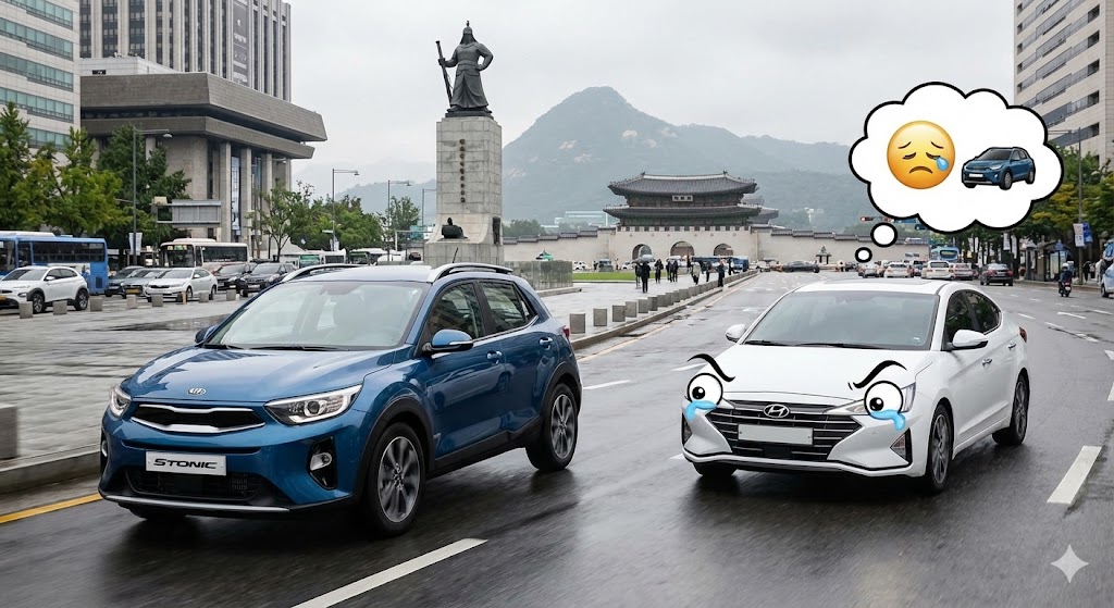 서울 도심 한복판을 신나게 달리는 신형 스토닉과, 그 모습을 부러운 듯 쳐다보는 아반떼의 모습