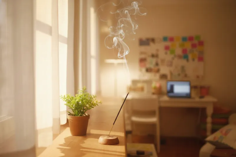 향멍 분위기처럼 부드럽게 퍼지는 인센스 연기와 자연광이 어우러진 공간