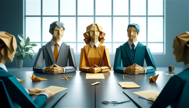 경직된 분위기 속에서 팀장이 회의를 주재하는 모습의 이미지